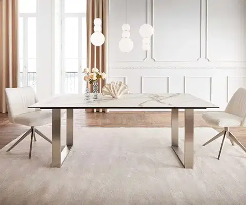 Jedálenské stoly DELIFE Jedálenský stôl Edge 200x100 keramika Calacatta Luxe bielo-zlato-šedá nerezová oceľ úzky