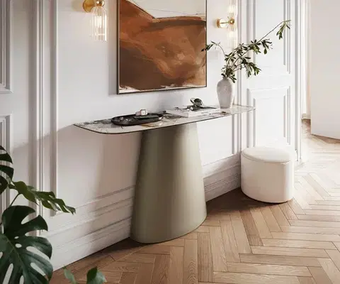 Konzolové stolíky DELIFE Konzolový stolík Edge zaoblený tvar 140×40 cm keramika Patagonia leštená Conos kov titánová farba