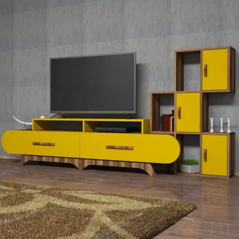 Obývacie steny TV skrinka / Obývacia stena Flora S - Walnut, Yellow