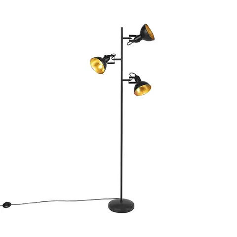 Stojace lampy Priemyselná stojaca lampa čierna so zlatom 3-svetlo - Tommy