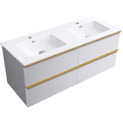 Kúpeľňový nábytok CERANO - Kúpeľňová skrinka Velora - biela matná, úchytka zlatá + keramické umývadlo Novo - biela lesklá - 121x54,5x46,5 CER-979883