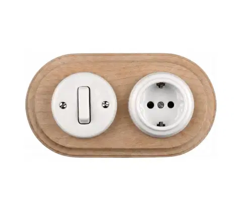 Predlžovacie káble Elhard - Keramický retro vypínač č. 1 a zásuvka 230V s rámom SCHUKO biela/drevo EF0096+EF0081+EF0087