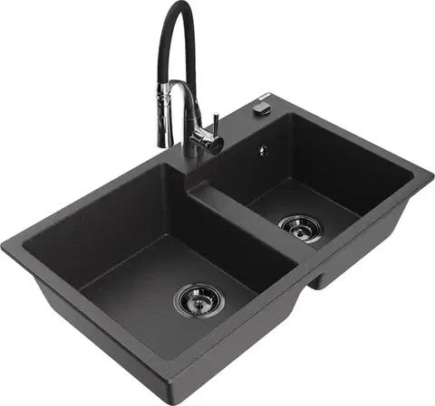 Kuchynské drezy MEXEN/S MEXEN/S - Tomas granitový drez 2-bowl vrátane batérie Aster, čierna kropenatá 6516-76-73450-07-B
