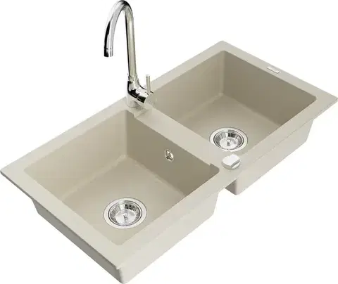 Kuchynské drezy MEXEN/S MEXEN/S - Mario granitový drez 2-bowl vrátane batérie Telma, béžová 6504-69-670200-00