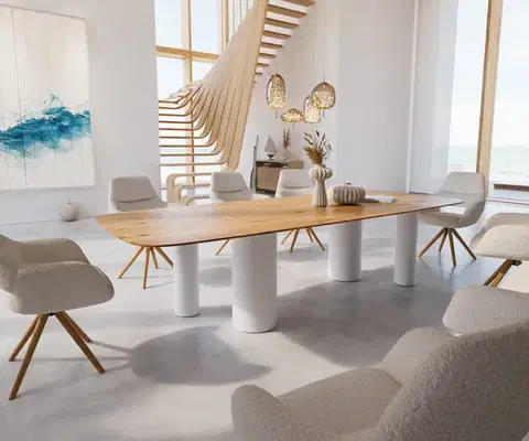Jedálenské stoly DELIFE Jedálenský stôl Edge zaoblený tvar 300x120x2,5-3 dub prírodný kovová podstava biela švajčiarska hrana