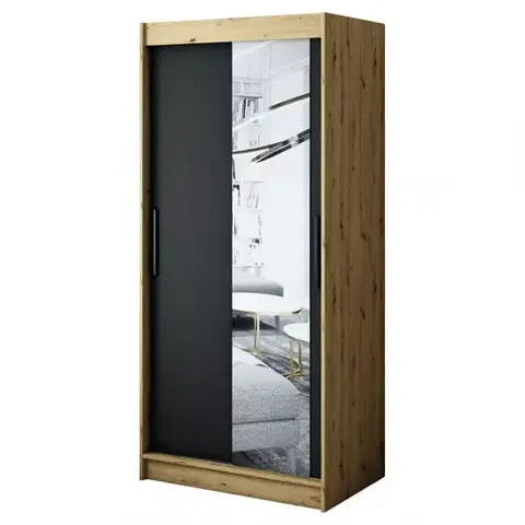 Šatníkové skrine Skriňa Halifax T2 100 Dub Artisan/čierna/Zrkadlo