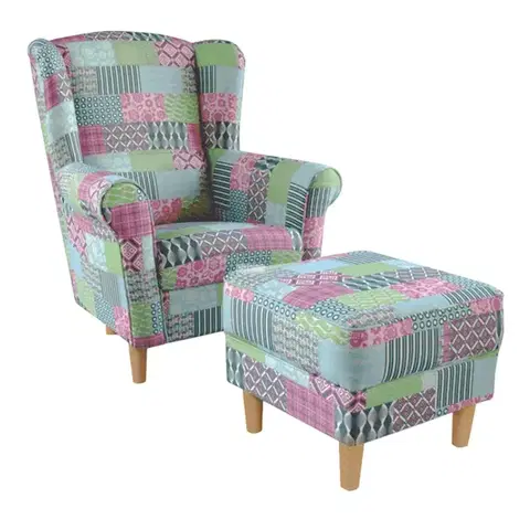 Kreslá KONDELA Astrid kreslo (ušiak) s taburetkou vzor patchwork M1