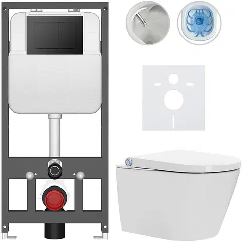 Záchody CERANO - Závesné WC s bidetom Basic/Cronus Standard - biela lesklá - WC tlačidlo Maxio/Čierna - závesné - predstenová inštalácia - 59,3x38,4 CER-8050BD86443