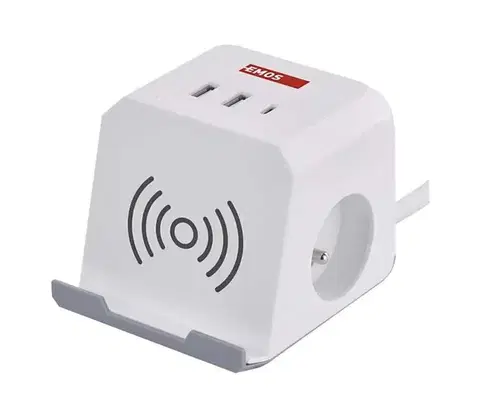 Predlžovacie káble  Predlžovací kábel kocka s bezdrôtovým nabíjaním QI 2Z +2xUSB-A+1xUSB-C 2m biela P0212CQ