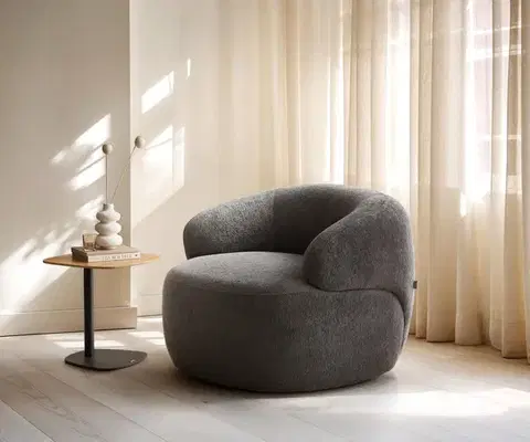 Lounge kreslá DELIFE Lounge kreslo Nova 88x88 cm bouclé mäkký tmavobéžová