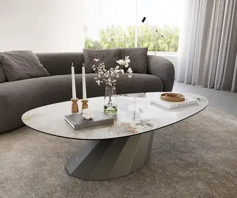Konferenčné stolíky DELIFE Konferenčný stolík Edge oválny 140x75 cm keramika Minas Melange Parabi kov titánová farba
