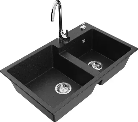 Kuchynské drezy MEXEN/S MEXEN/S - Tomas granitový drez 2-bowl vrátane batérie Telma, čierna/strieborná metalík 6516-73-670200-00