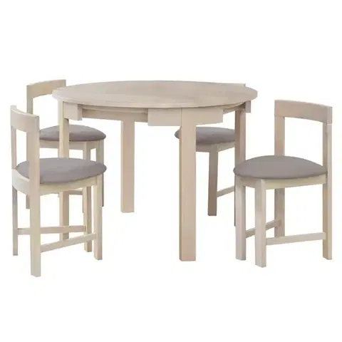 Jedálenské sety KONDELA Domio 1+4 jedálenský set biela vzor drevo / sivobéžová