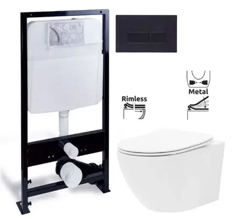Závesné wc sety PRIM predstenový inštalačný systém s čiernym tlačidlom 20/0044 + WC REA Carlo Flat Mini Rimlesss + SEDADLO PRIM_20/0026 44 CF1