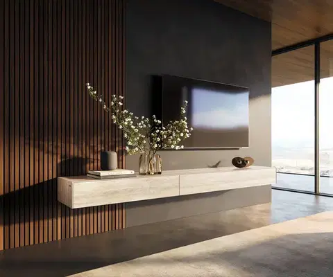Televízne stolíky DELIFE TV stolík Cuor 250 cm keramika Laminam® Travertino Bianco krémovo biela 1 výklopné dvierka 1 zásuvka závesné