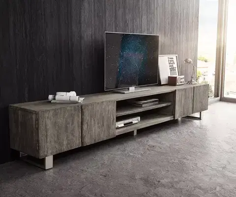 Televízne stolíky DELIFE TV stolík Live-Edge 300 cm akácia platinová 4 dvierka 2 priehradky
