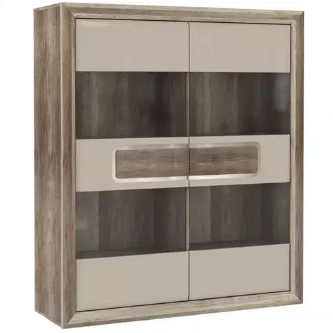 Vitríny a regály do obývačky Vitrína Tiziano 2D starožitný dub/béžová