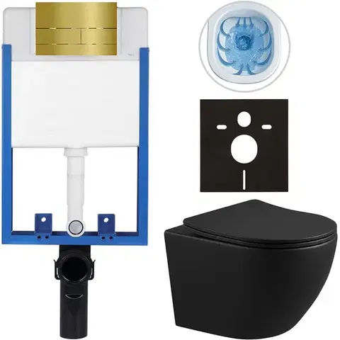 Záchody CERANO - Kompletný WC set Profi/Cesso - čierna matná - WC tlačidlo Line/Zlatá - na zamurovanie - 49x36 CER-8050BD84268