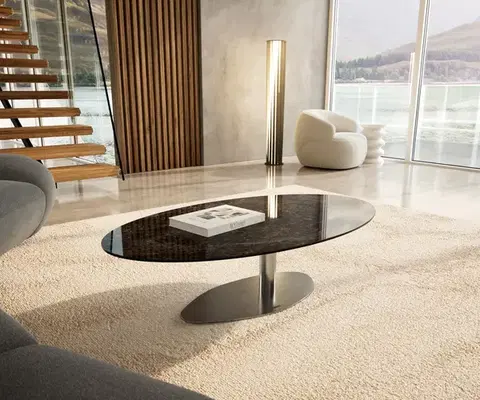Konferenčné stolíky DELIFE Konferenčný stolík Edge oválny 140x80 cm keramika Laminam® Emperador Extra Lucidato tmavohnedá Vibany nerezová oceľ kefovaná
