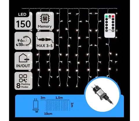 LED osvetlenie  B.V.  - LED vonkajší vianočný reťazec 150xLED/6W/230V/8 funkcií 1,5x1m IP44 studená biela + diaľkové ovládanie B10303S7B