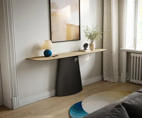 Konzolové stolíky DELIFE Konzolový stolík Edge zaoblený 180×40 cm keramika Laminam® sabbia dubová farba Conos kov čierna