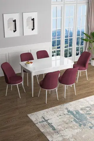 Jedálenské sety Extendable Dining Table & Chairs Set (7 Pieces) Han - White, Burgundy