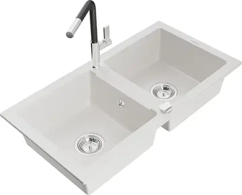 Kuchynské drezy MEXEN/S MEXEN/S - Mario granitový drez 2-bowl vrátane batérie Flora, biela 6504-20-670401-07