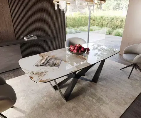 Jedálenské stoly DELIFE Jedálenský stôl Edge zaoblený tvar 200x100 keramika Minas Melange bielo-béžová Spider plochá oceľ čierna