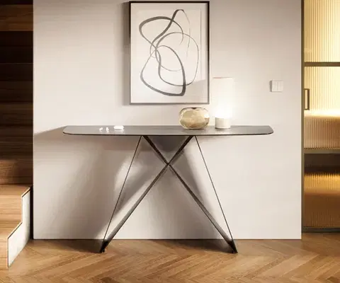 Konzolové stolíky DELIFE Konzolový stolík Edge zaoblený 140×40 cm keramika betón sivá Velio kov čierna