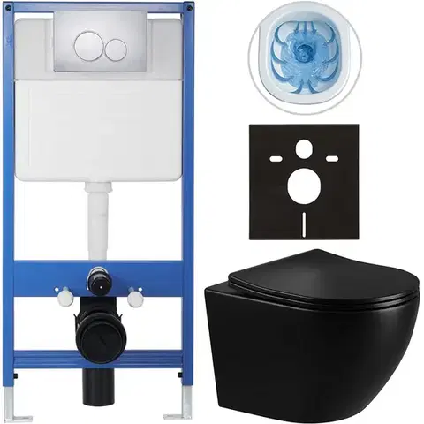 Záchody CERANO - Kompletný WC set Profi/Cesso - čierna lesklá - WC tlačidlo Duo/Chrom - predstenová inštalácia - 49x36 CER-8050BD84227