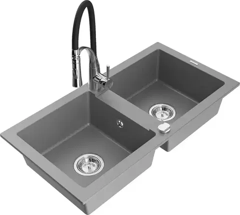 Kuchynské drezy MEXEN/S MEXEN/S - Mario granitový drez 2-bowl vrátane batérie Aster, šedá 6504-71-73450-07
