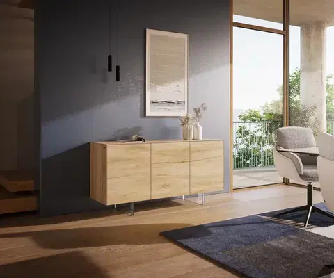 Komody DELIFE Komoda Cuor 150 cm keramika Laminam® sabbia dubová 3 dvierka podstava závesná akrylové sklo