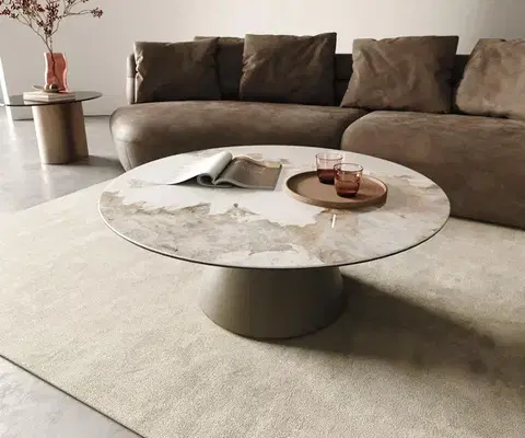 Konferenčné stolíky DELIFE Konferenčný stolík Borna 100x100 cm keramika Minas Melange bielo-béžová podstava zúžená efektová povrchová úprava titánová