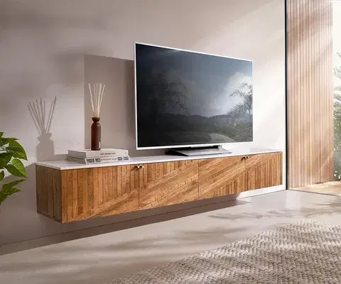 Televízne stolíky DELIFE TV stolík Bahan 200 cm mango teak 4 dvierka mramorová doska biela závesný