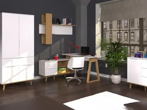 Obývacie steny KONDELA Nepu pracovňa biela / dub kamenný