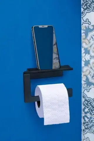WC kefy Kinekus Držiak na WC toaletný papier, čierny, s malou poličkou, samolepiaci