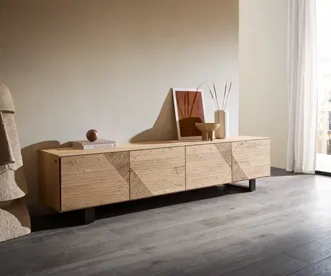 Televízne stolíky DELIFE TV stolík Tereos 220 cm dub prírodná 3D efekt 4 dvierka podstava kov čierna