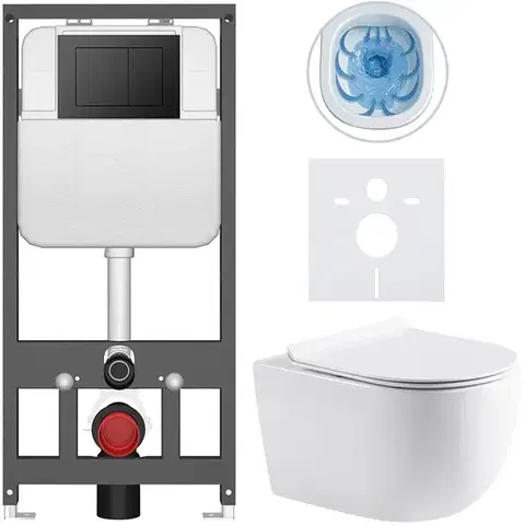 Záchody CERANO - Kompletný WC set Basic/Felci - biela lesklá - WC tlačidlo Maxio/Čierna - závesné - predstenová inštalácia - 53x37 CER-8050BD86083