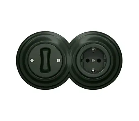 Predlžovacie káble lap - Retro jednopólový vypínač č. 1 a zásuvka SCHUKO 230 V so zeleným rámikom 2xKA0062+KA0055+KA0112