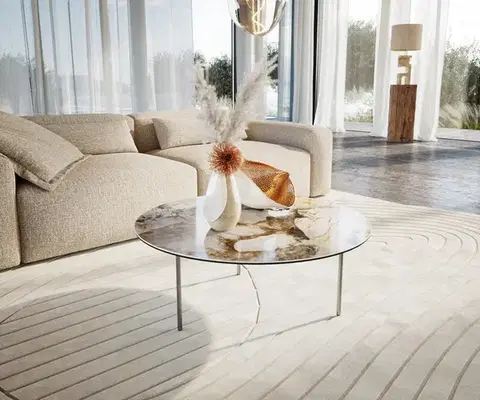 Konferenčné stolíky DELIFE Konferenčný stolík Edge okrúhly 90×90 cm keramika Patagonia leštená Trive nerezová oceľ kefovaná