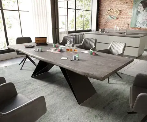 Jedálenské stoly DELIFE Jedálenský stôl Edge 260x100 akácia platinová podstava v tvare V plochá oceľ čierna Live-Edge