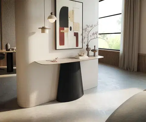 Konzolové stolíky DELIFE Konzolový stolík Edge zaoblený 140×40 cm keramika Laminam® Travertino Bianco krémovo biela Conos kov čierna