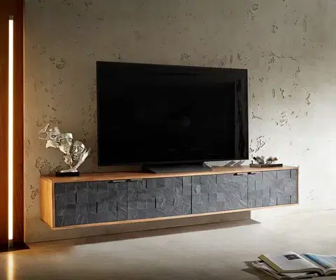 Televízne stolíky DELIFE TV stolík Teele 200 cm akácia prírodná bridlica 4 dvierka závesný
