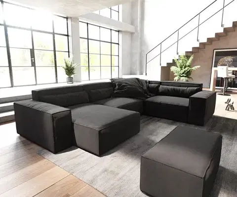Sedacie súpravy XL DELIFE Pohovka v tvare "U" Sirpio 300x210 cm mikrovlákno čierna ležadlo variabilné s taburetom