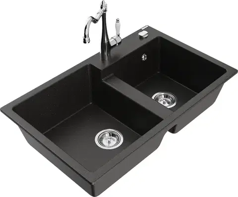 Kuchynské drezy MEXEN/S MEXEN/S - Tomas granitový drez 2-bowl vrátane batérie Carla, čierna/zlatá metalik 6516-75-670700-00