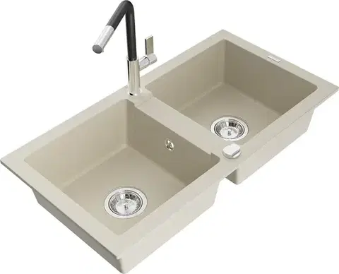 Kuchynské drezy MEXEN/S MEXEN/S - Mario granitový drez 2-bowl vrátane batérie Flora, béžová 6504-69-670401-07