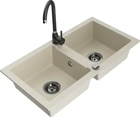 Kuchynské drezy MEXEN/S MEXEN/S - Mario granitový drez 2-bowl vrátane batérie Telma, béžová 6504-69-670200-70