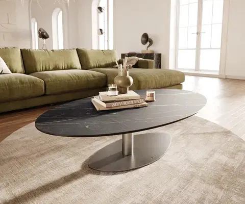 Konferenčné stolíky DELIFE Konferenčný stolík Edge oválny 140x80 cm keramika Laminam® Noir Desir hnedá Vibany nerezová oceľ kefovaná