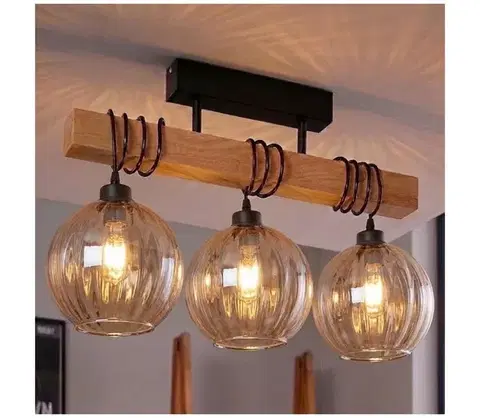 Svietidlá BRILAGI - Prisadený luster WOOD GLASS 3xE27/60W/230V borovica/čierna/dymovo-hnedá EG44074+3xNSTK7482