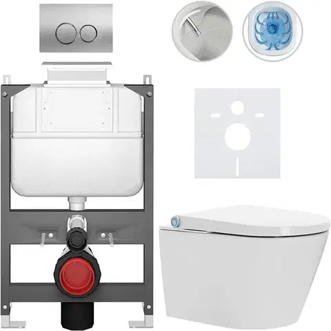 Záchody CERANO - Závesné WC s bidetom Basic/Cronus Standard - biela lesklá - WC tlačidlo Dualo/Strieborná - ovládanie zhora - predstenová inštalácia - 59,3x38,4 CER-8050BD86430